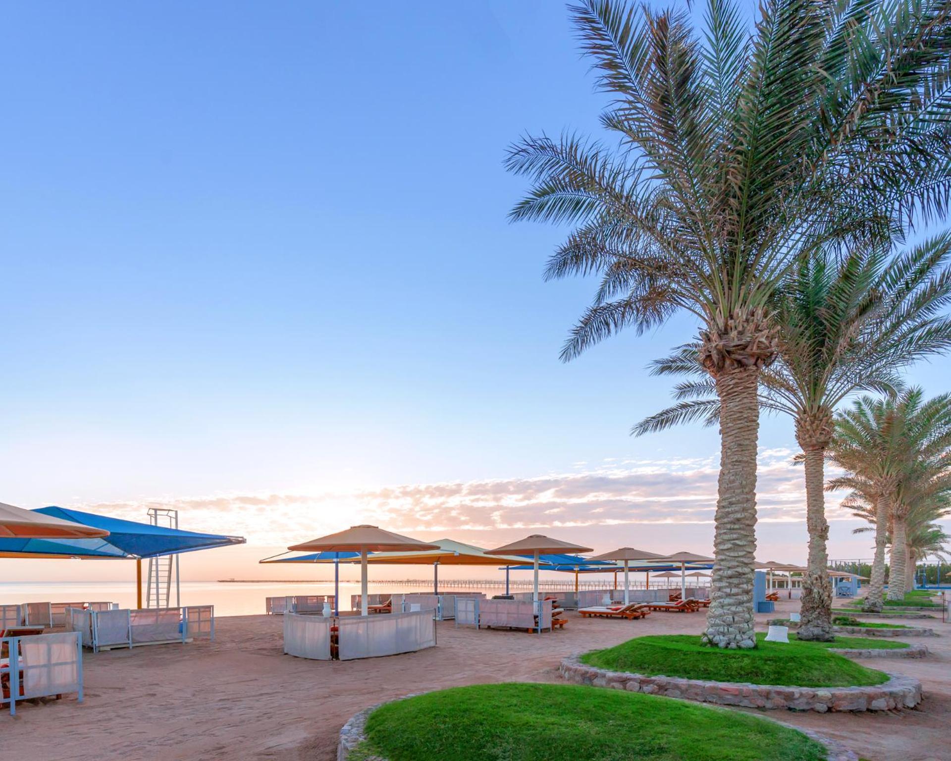 Hotel Pickalbatros Royal Moderna Sharm "Aqua Park" Exteriér fotografie The photo shows a serene beach scene during sunset. There are several palm trees lining the beach, providing a tropical atmosphere. In the foreground, there are shaded lounge areas or cabanas with umbrellas, arranged neatly on sandy ground. The beach